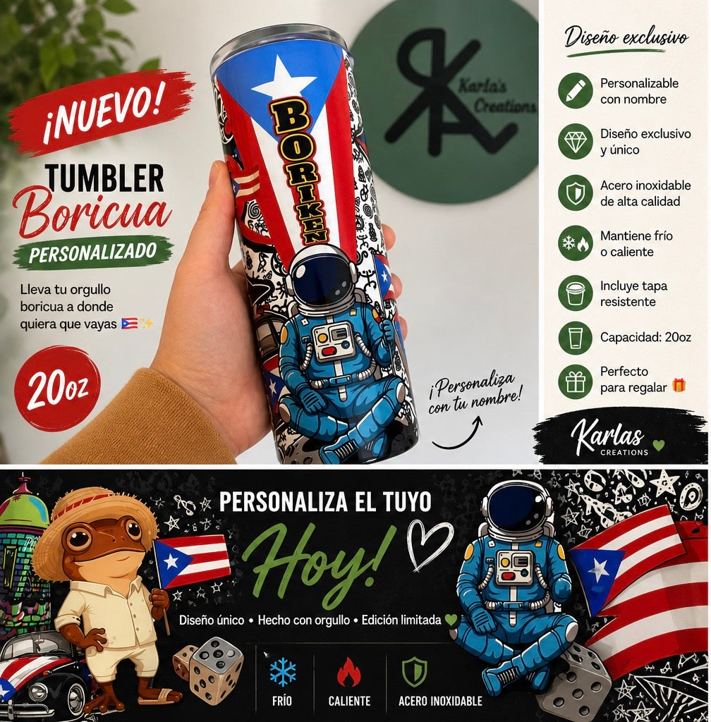 20oz Puerto Rico Inspired Personalized Tumbler | Custom Name Boricua Cup | Stainless Steel Skinny Tumbler Gift