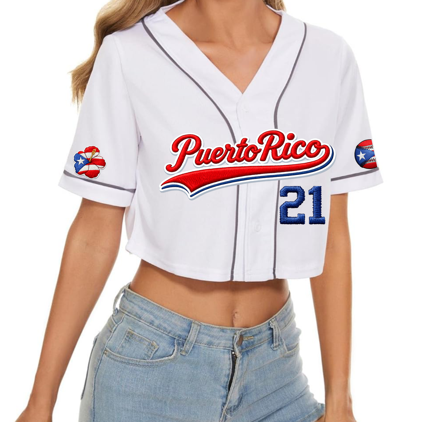 Puerto Rico 21 Baseball Shirt | Crop Top para Damas, T-Shirt Unisex o Jersey Unisex | Camisa Boricua Baseball Style
